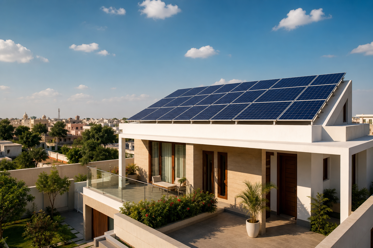 A modern Indian home powered by rooftop solar panels